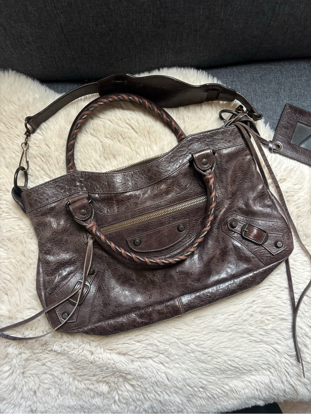 Balenciaga Dark Brown First bag Braided Handle Shoulder Bag